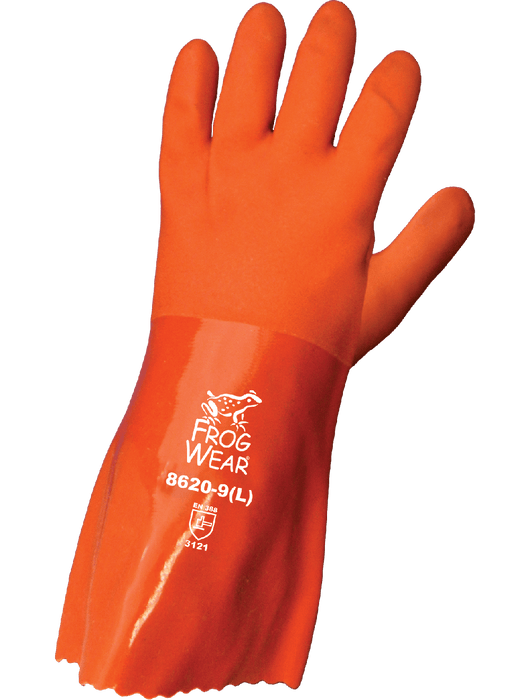 FrogWear® 12" Orange Double-Dipped PVC Supported Chemical Resistant Glove, Seamless Cotton Liner