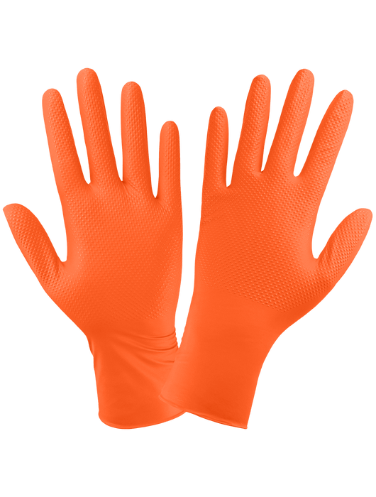 Panther-Guard® Disposable Gloves, 8 mil Industrial Grade Orange Nitrile, Powder-Free, Raised Diamond Pattern, 9½"