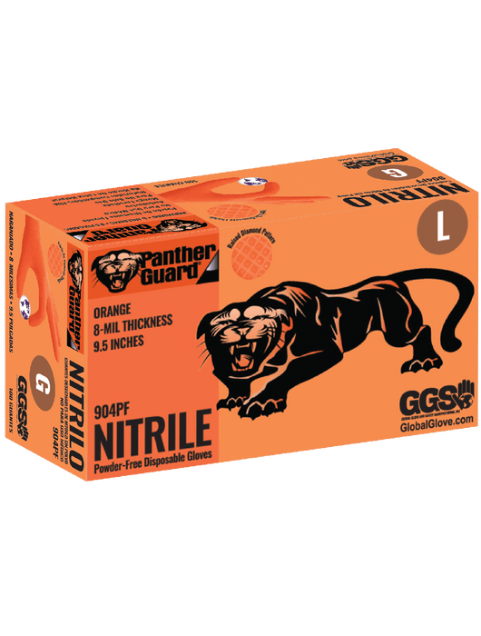 Panther-Guard® Disposable Gloves, 8 mil Industrial Grade Orange Nitrile, Powder-Free, Raised Diamond Pattern, 9½"