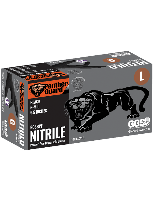 Panther-Guard® Disposable Gloves, 6 mil Black Nitrile, Powder-Free, Raised Micro Diamond Pattern, 9½"