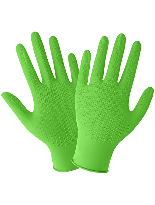 Panther-Guard® Disposable Gloves, 6 mil Biodegradable, Hi-Vis Green Nitrile, Powder-Free, Wave Pattern, 9½"Ambidextrous, Rolled/Beaded Cuff, FDA Compliant, Anti-Static/Electrostatic Compliant, US Patent Pending, 1,000 Gloves / Case