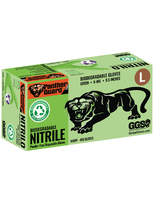 Panther-Guard® Disposable Gloves, 6 mil Biodegradable, Hi-Vis Green Nitrile, Powder-Free, Wave Pattern, 9½"Ambidextrous, Rolled/Beaded Cuff, FDA Compliant, Anti-Static/Electrostatic Compliant, US Patent Pending, 1,000 Gloves / Case