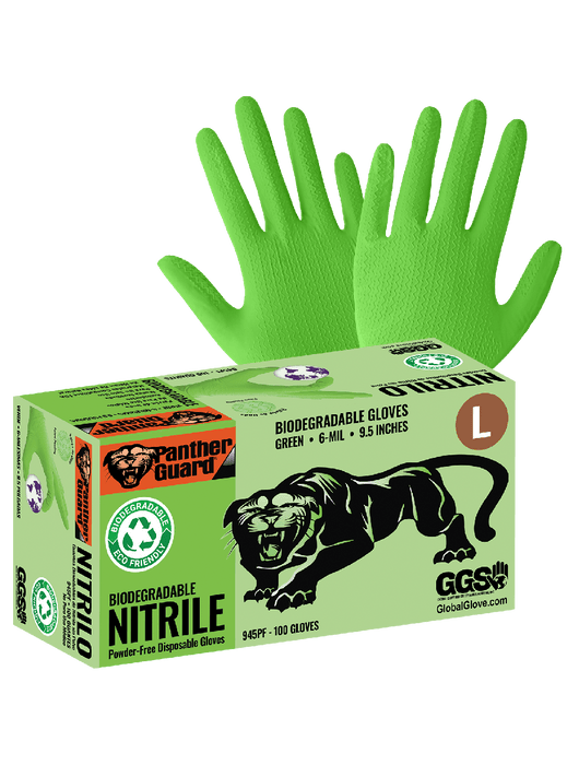 Panther-Guard® Disposable Gloves, 6 mil Biodegradable, Hi-Vis Green Nitrile, Powder-Free, Wave Pattern, 9½"Ambidextrous, Rolled/Beaded Cuff, FDA Compliant, Anti-Static/Electrostatic Compliant, US Patent Pending, 1,000 Gloves / Case