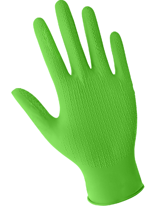 Panther-Guard® Disposable Gloves, 6 mil Biodegradable, Hi-Vis Green Nitrile, Powder-Free, Wave Pattern, 9½"Ambidextrous, Rolled/Beaded Cuff, FDA Compliant, Anti-Static/Electrostatic Compliant, US Patent Pending, 1,000 Gloves / Case
