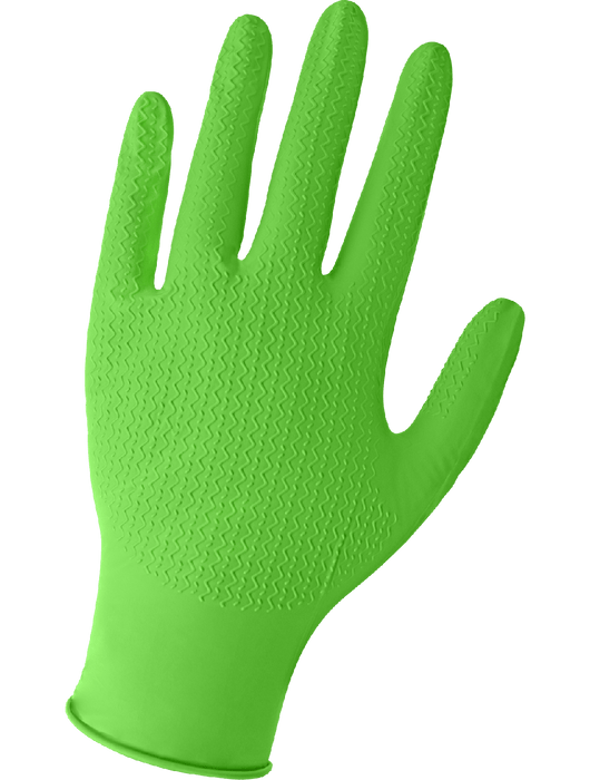 Panther-Guard® Disposable Gloves, 6 mil Biodegradable, Hi-Vis Green Nitrile, Powder-Free, Wave Pattern, 9½"Ambidextrous, Rolled/Beaded Cuff, FDA Compliant, Anti-Static/Electrostatic Compliant, US Patent Pending, 1,000 Gloves / Case