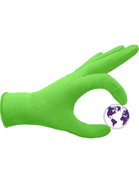 Panther-Guard® Disposable Gloves, 6 mil Biodegradable, Hi-Vis Green Nitrile, Powder-Free, Wave Pattern, 9½"Ambidextrous, Rolled/Beaded Cuff, FDA Compliant, Anti-Static/Electrostatic Compliant, US Patent Pending, 1,000 Gloves / Case