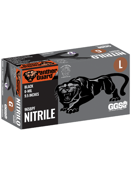 Panther-Guard® Disposable Gloves, 6 mil Black Nitrile, Powder-Free, Tractor Tread Pattern, 9½"