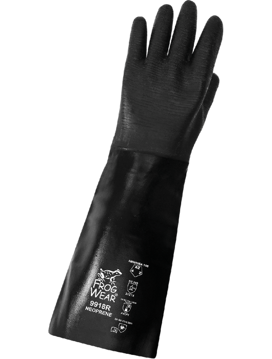 FrogWear® Multi-Dipped in Premium Grade Heavy Black Neoprene, Antimicrobial-Treated Cotton Interlock Liner, Rough-Etched Finish, 18" Gauntlet Cuff, ANSI/ISEA 105 cut level A2, Universal