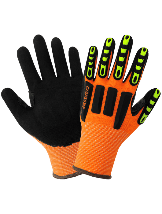 Vise Gripster® C.I.A. Hi-Vis Orange Nylon, Mach Finish Nitrile Coated Palm, Padding Sewn Under The Dip, Reinforced Thumb Crotch, TPU Impact Protection