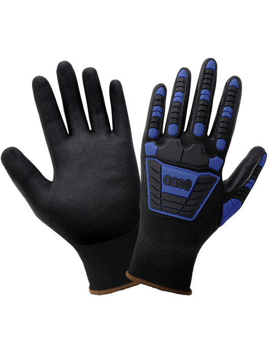 Vise Gripster® C.I.A. 15-gauge Black Seamless Nylon/Spandex Shell, Black New Nitrile-Coated Palm, Blue & Black TPU Impact Protection, Touch Screen Compatible Fingertips, Knit Wrist