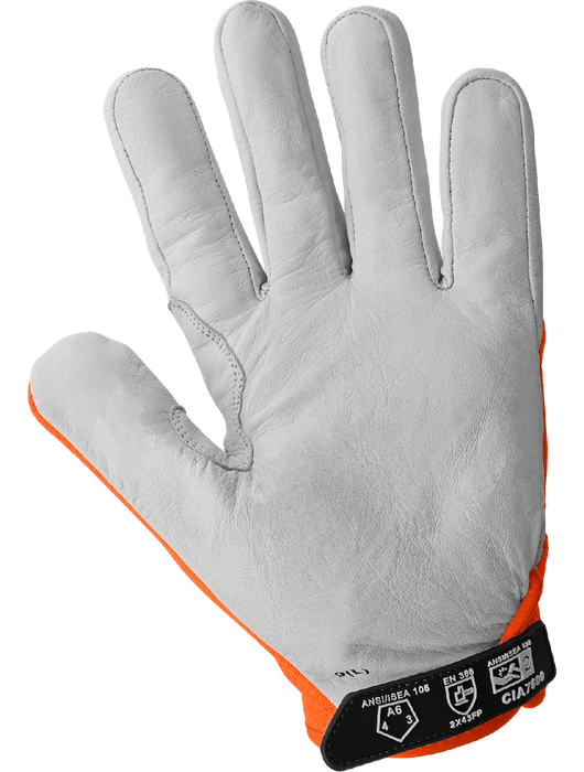 Hi-Vis Org Cut and Impact Resistant Mechanics Style Tuffalene® Gloves w/Goatskin Palm, ANSI/ISEA 105 Cut Level A6