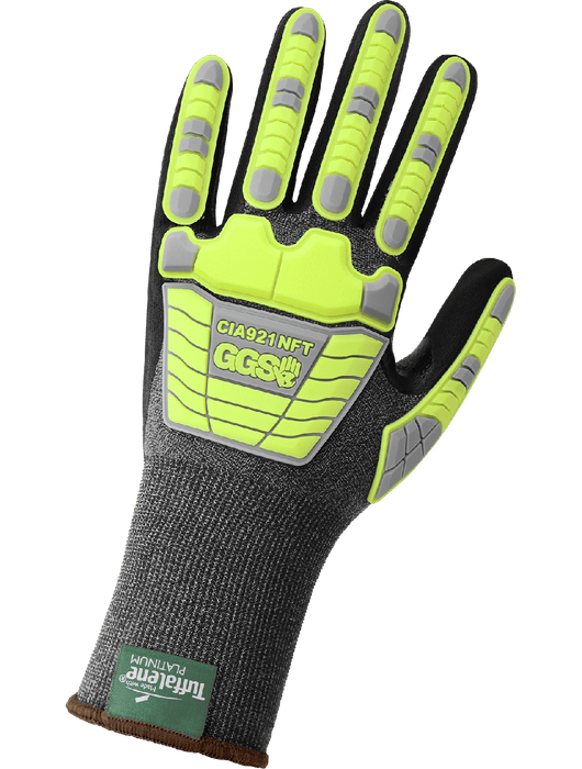 Vise Gripster® C.I.A. - Cut & Impact Resistant Gloves, 21g Salt & Pepper Tuffalene®, Black Nitrile Coated Palm, Reinforced Thumb Crotch, Ultra-Thin Hi-Vis Lime TPU Impact Protection, ANSI/ISEA 105 cut level A4
