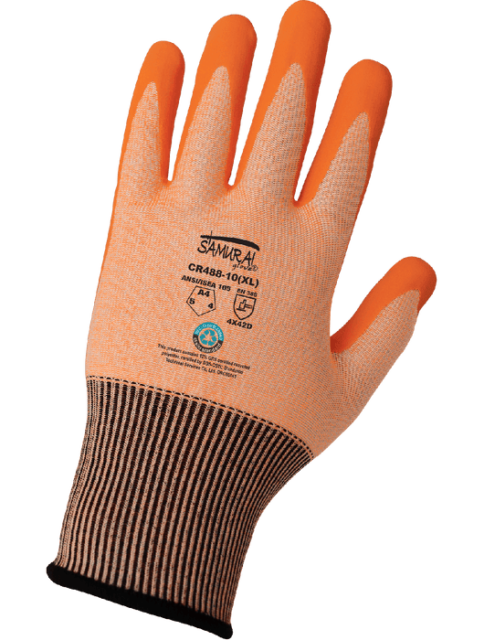 Samurai Glove® 18-Gauge Hi-Vis Orange Seamless Glove w/Orange Foam Nitrile Dip, ANSI Cut Level A4
