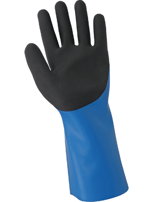 FrogWear® 12" Premium Double-Dipped Nitrile Shell, Blue Smooth Base Coating, Black Foam-Coated Palm, 15g Seamless Tuffalene® UHMWPE Liner,  Gauntlet Cuff, ANSI/ISEA 105 cut level A5