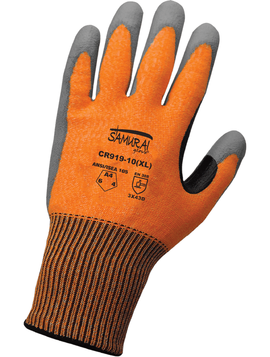 Samurai Glove® Hi-Vis Orange Tuffalene® Liner w/Polyurethane Dipped Palm, Touch Screen, ANSI Cut Level A4