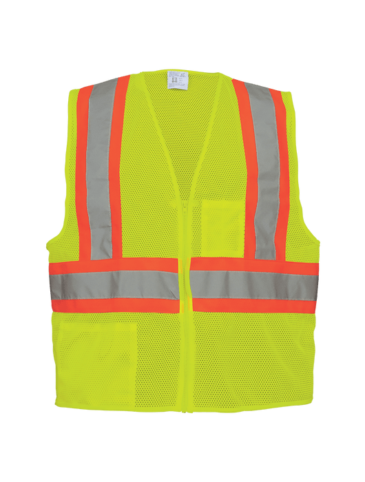 FrogWear® Cl. 2 Hi-Vis Lime Lightweight Mesh Polyester Vest w/Contrasting Orange Trim, Zipper Closure