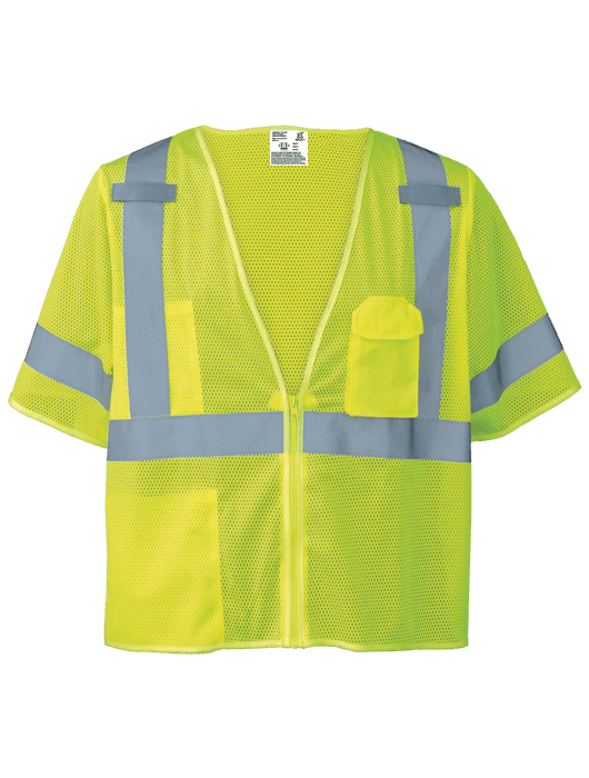 FrogWear® Cl. 3 Lime Hi-Vis Self-Extinguishing Hi-Vis Short-Sleeved Safety Vest, Zipper Closure