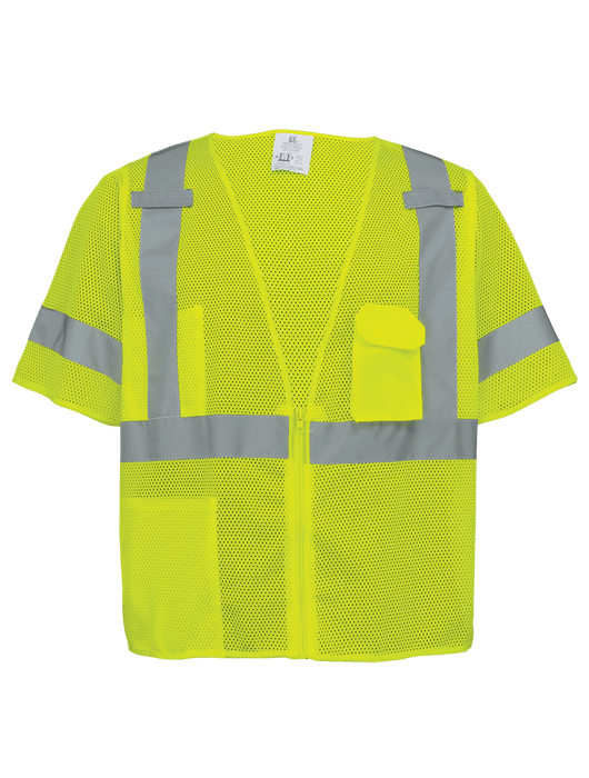 FrogWear® ANSI Cl. 3 Lime Mesh Safety Vest, Silver Reflective, Mic Holders, Zipper Closure, 3 Pockets