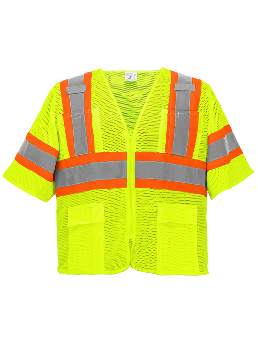 FrogWear® - ANSI Cl. 3 Lime Mesh Safety Vest, Contrasting Reflective, 4 Front & 2 Inside Pockets, Tab/Radio/Mic Holders, Zipper Closure