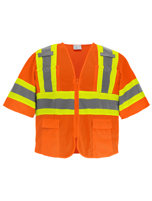 FrogWear® - Cl. 3 Orange Mesh Safety Vest, Contrasting Reflective, 4 Front & 2 Inside Pockets, Tab/Radio/Mic Holders, Zipper Closure