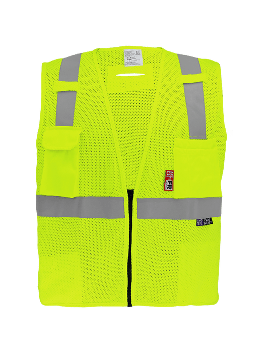 FrogWear® HV Flame-Resistant High-Visibility Lime Surveyors Safety Vest, Silver FR Reflective Material, Black FR Zipper Closure