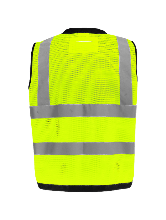 FrogWear® Cl. 2 Hi-Vis Lime Mesh Polyester Surveyors, Black Webbing Reinforced Outer Edge, D-Ring Pass Through Opening, Zipper Closure