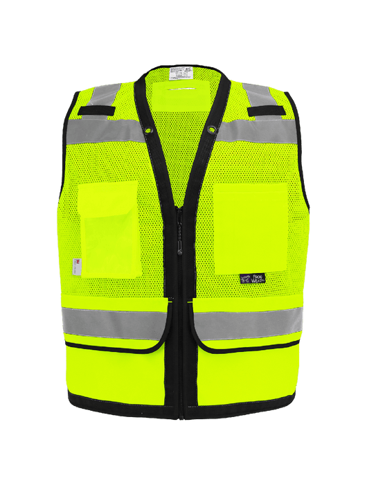 FrogWear® Cl. 2 Hi-Vis Lime Mesh Polyester Surveyors, Black Webbing Reinforced Outer Edge, D-Ring Pass Through Opening, Zipper Closure