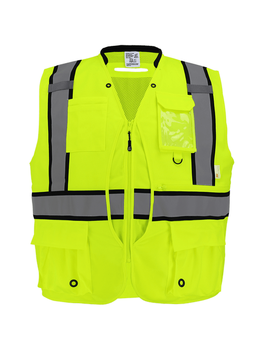 FrogWear® Cl. 2 Hi-Vis Lime"Kitchen Sink" Premium Surveyors Vest, 3M™ Reflective Material, 8 Pockets, D-Ring Pass Through Opening