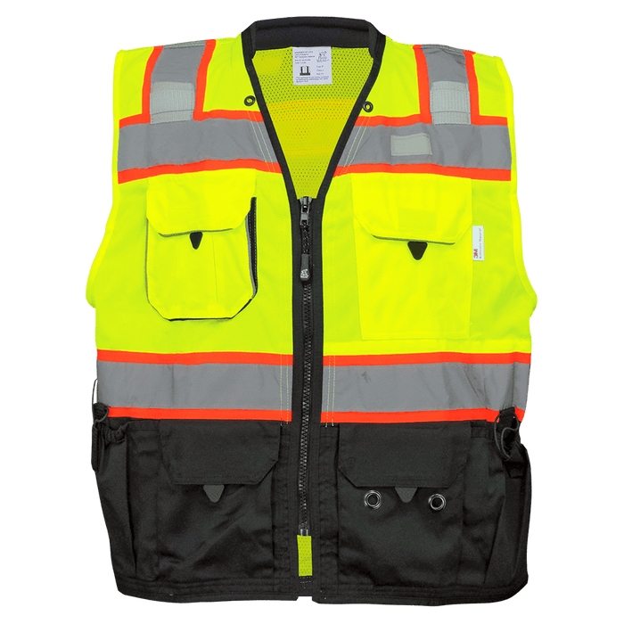 FrogWear® Cl. 2 Premium Hi-Vis Polyester/Mesh Surveyors, Contrasting Reflective, Black Bottom Front, Zipper Closure