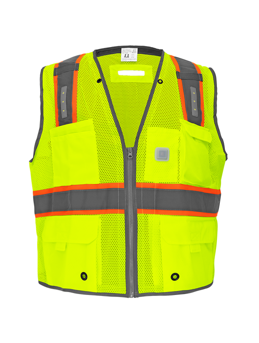 FrogWear® Cl. 2 Hi-Vis Lime Premium LED Surveyors, Contrasting Reflective, D-Ring Pass Through Opening, Zipper Closure