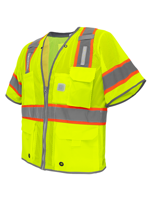 FrogWear® Cl. 3 Hi-Vis Lime Mesh LED Surveyors Vest w/Sleeves, Contrasting Reflective, Zipper Closure