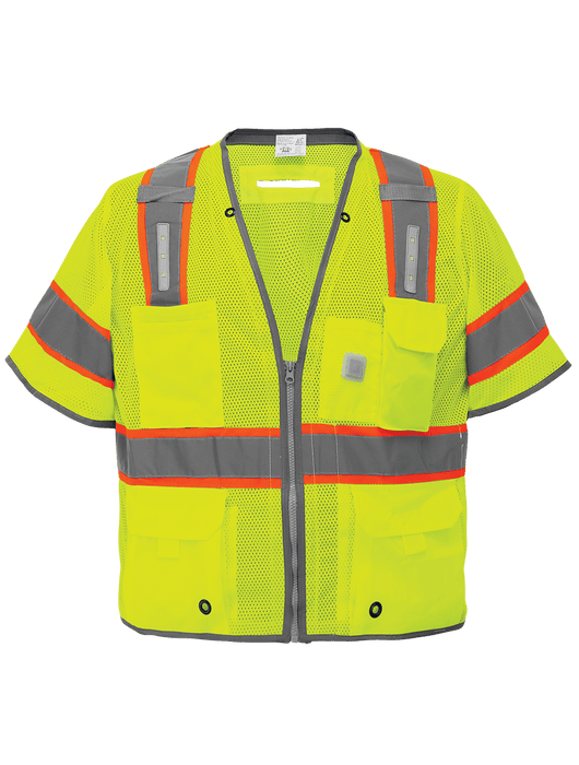 FrogWear® Cl. 3 Hi-Vis Lime Mesh LED Surveyors Vest w/Sleeves, Contrasting Reflective, Zipper Closure