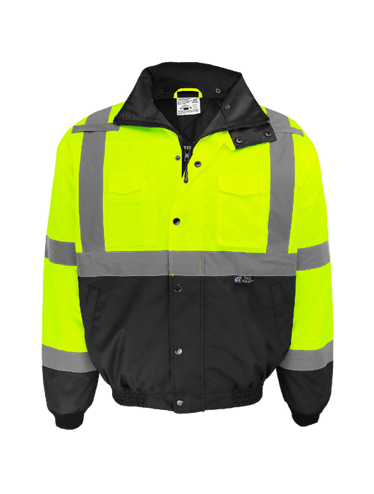 FrogWear® Cl. 3 Hi-Vis, Black Bottom Bomber Jacket, Sewn-in Quilted Interior, Zipper Closure w/Storm Flap & Snaps