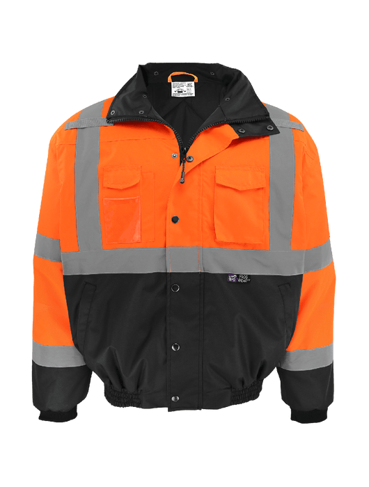 FrogWear® Cl. 3 Hi-Vis, Black Bottom Bomber Jacket, Sewn-in Quilted Interior, Zipper Closure w/Storm Flap & Snaps