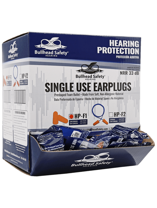 Bullhead Safety® Hearing Protection - Orange Polyurethane Foam Bullet Earplug Corded, NRR 33 dB. 100 Pairs / Box