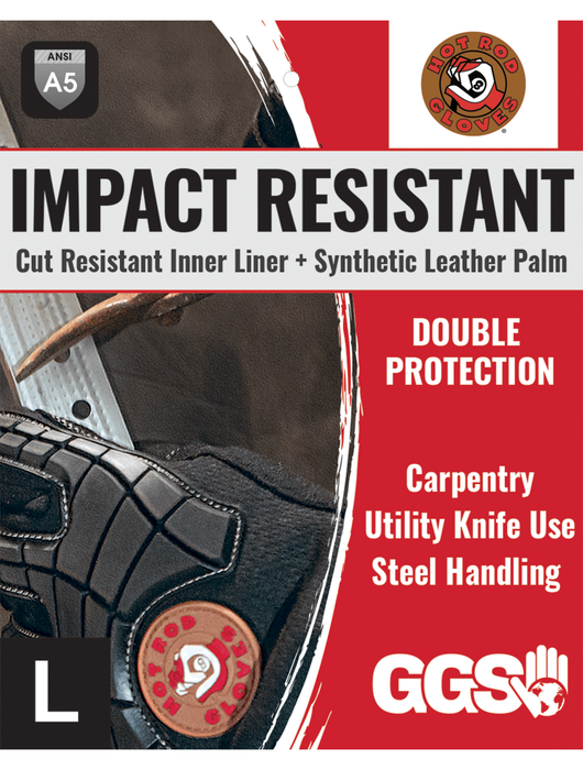 Hot Rod Gloves® Premium Synthetic Leather Palm Performance Mechanics Style Gloves w/Cut and Impact Protection, ANSI/ISEA 105 Cut Level A6