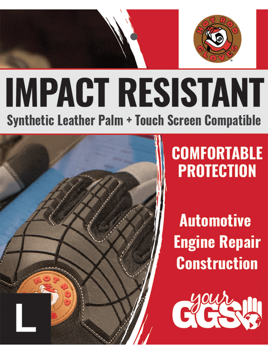 Hot Rod Gloves® Premium Synthetic Leather Palm Performance Mechanics Style Touch Screen Gloves with Impact Protection
