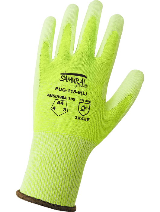 Samurai Glove® - 18-Gauge Hi-Vis Yellow Tuffalene® UHMWPE Shell, White Smooth  PU Coated Palm, Knit Wrist.  ANSI/ISEA 105 Cut Level A4