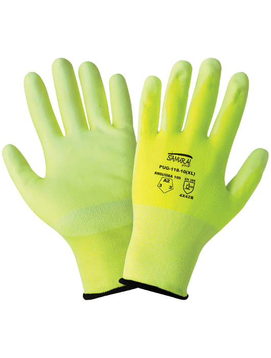 Samurai Glove® - 18-Gauge Hi-Vis Yellow Tuffalene® UHMWPE Shell, White Smooth  PU Coated Palm, Knit Wrist.  ANSI/ISEA 105 Cut Level A2