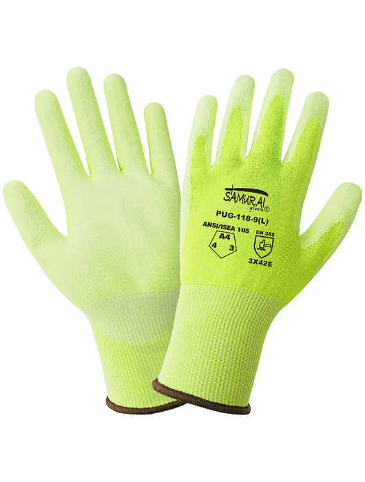 Samurai Glove® - 18-Gauge Hi-Vis Yellow Tuffalene® UHMWPE Shell, White Smooth  PU Coated Palm, Knit Wrist.  ANSI/ISEA 105 Cut Level A4
