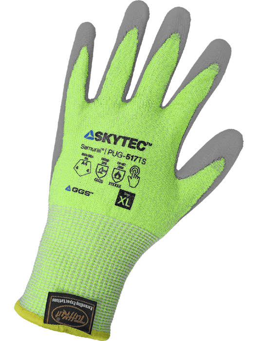 Samurai Glove® - Hi-Vis Lime TuffKut® Liner, 3 Touchscreen Fingertips, Gray Polyurethane Dipped Palm, ANSI Cut Level A4