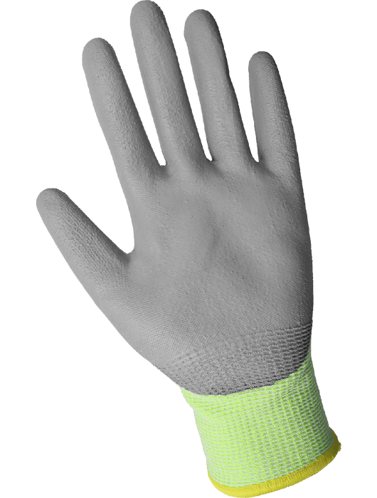 Samurai Glove® - Hi-Vis Lime TuffKut® Liner, 3 Touchscreen Fingertips, Gray Polyurethane Dipped Palm, ANSI Cut Level A4
