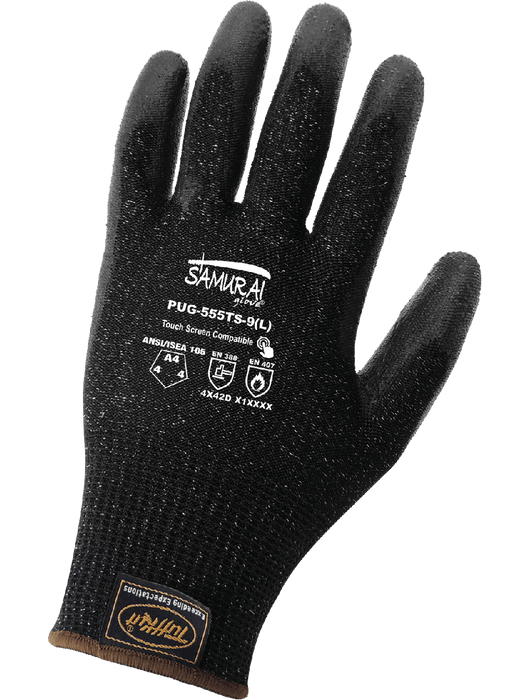 Samurai Glove® - 13-Gauge Black TuffKut® Shell, Black Smooth PU Coated Palm, 3 Touchscreen Responsive Fingertips, ANSI/ISEA 105 Cut Level A4