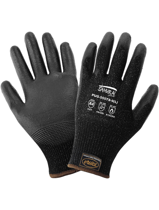 Samurai Glove® - 13-Gauge Black TuffKut® Shell, Black Smooth PU Coated Palm, 3 Touchscreen Responsive Fingertips, ANSI/ISEA 105 Cut Level A4