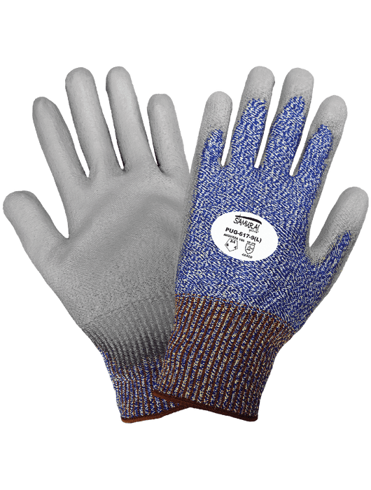 Samurai Glove® - 13-Gauge Blue & White Tuffalene® UHMWPE Shell, Gray Smooth PU Coated Palm, Knit Wrist, ANSI/ISEA 105 Cut Level A4