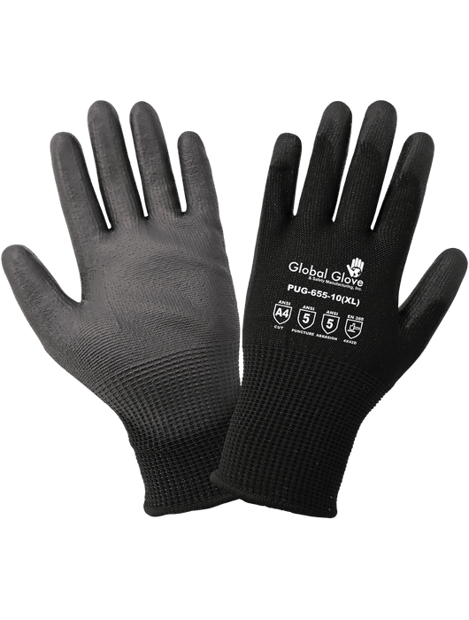 Cut Resistant Gloves, 13g Black HPPE Shell, Black Smooth Polyurethane-Coated Palm, Knit Wrist, ANSI/ISEA 105 Cut Level A5