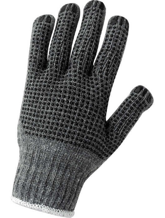 String Knit Gloves, Medium Weight 7-Gauge Gray Seamless Cotton/Polyester Shell, PVC Dots on Both Sides, Ambidextrous, Knit Wrist, Women's
