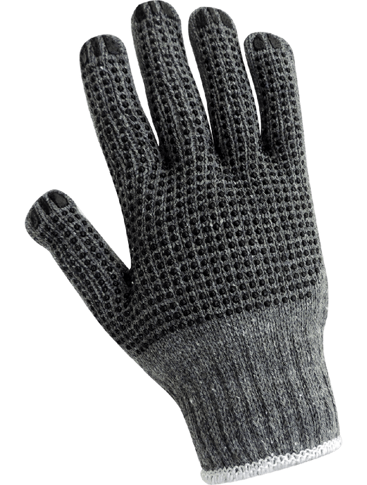 String Knit Gloves, Medium Weight 7-Gauge Gray Seamless Cotton/Polyester Shell, PVC Dots on Both Sides, Ambidextrous, Knit Wrist, Women's
