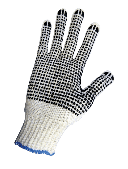 String Knit Gloves, Medium Weight 7-Gauge Bleached White Seamless Cotton/Polyester Shell, PVC Dots on Both Sides, Ambidextrous, Knit Wrist, Women's