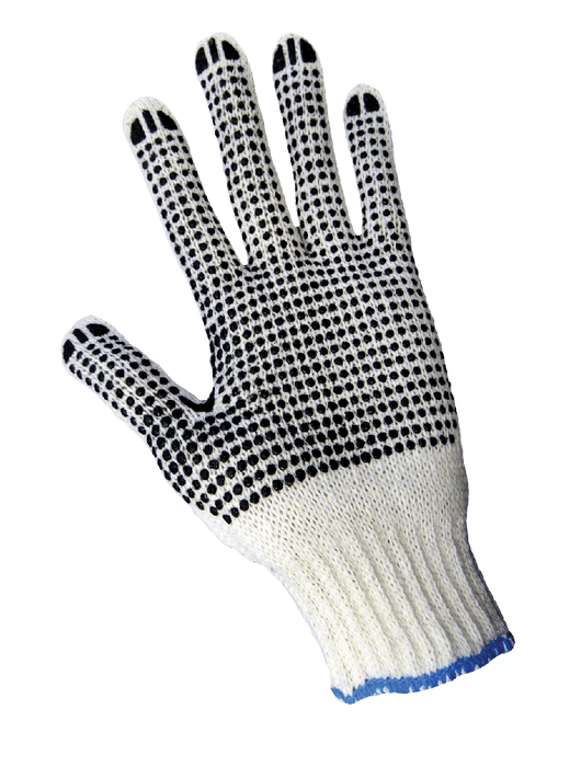 String Knit Gloves, Medium Weight 7-Gauge Bleached White Seamless Cotton/Polyester Shell, PVC Dots on Both Sides, Ambidextrous, Knit Wrist, Women's
